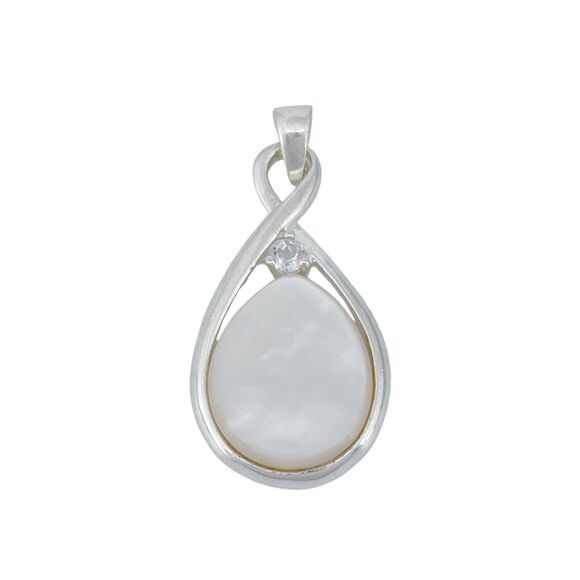 Mother of Pearl Cubic Zirconia Teardrop Pendant Vintage NV Sterling Silver 925 - Picture 2 of 6